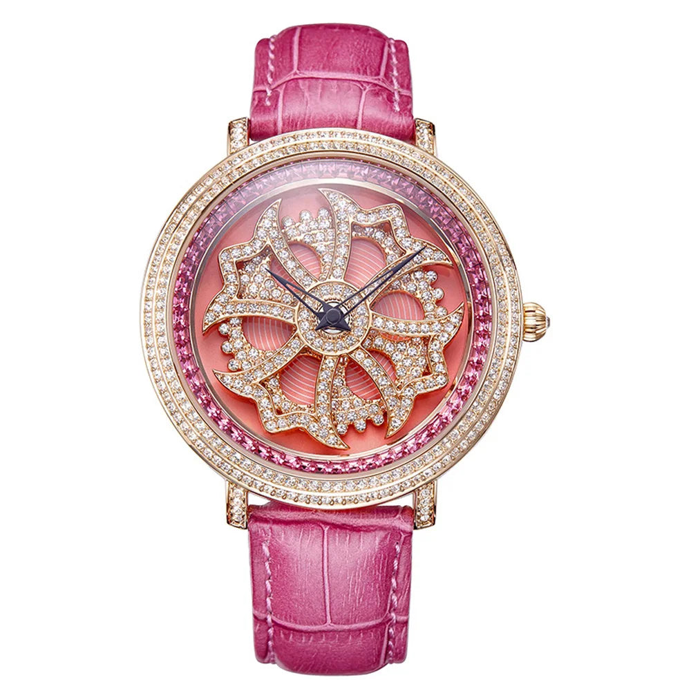 Davena Lady Women's Watch Spin Crystal Rhinestones Hours Fashion Real Leather Bracelet Luxury Girl's Birthday Gift Box