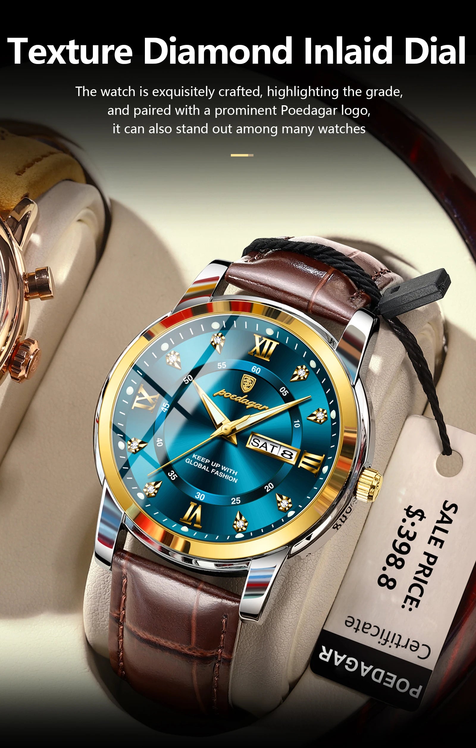 POEDAGAR Top Luxury Man Watch Date Week Waterproof Luminous Leather Men Wristwatch Casual Male Clock Sports Men's Quartz Watches