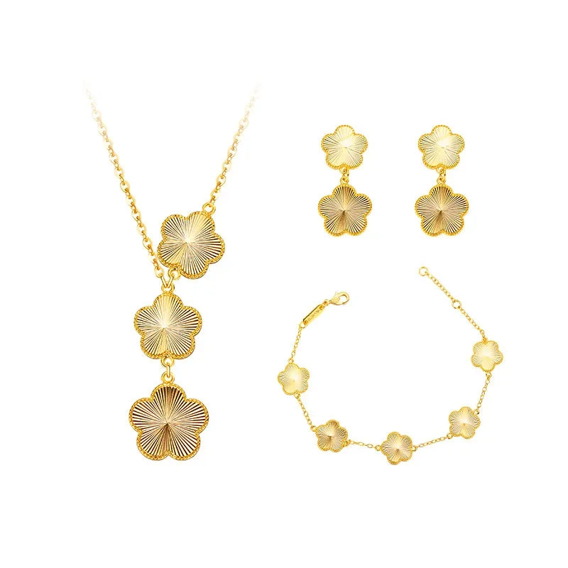 Women 9999 24K Real Gold Light Luxury Super Flash Plum Blossom Set Fashionable Female Plum Blossom Bracelet Necklace Earring Set