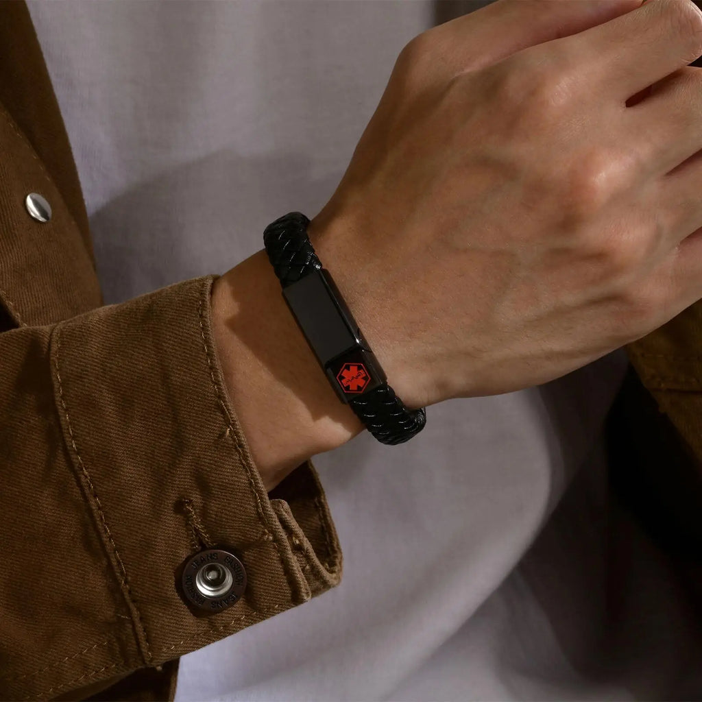 Red Medical Men's Bracelet,Black Genuine Leather ID Bracelet,Type 1/2 Diabetes Alzheimer Epilepsy Customize Bracelet for Dad
