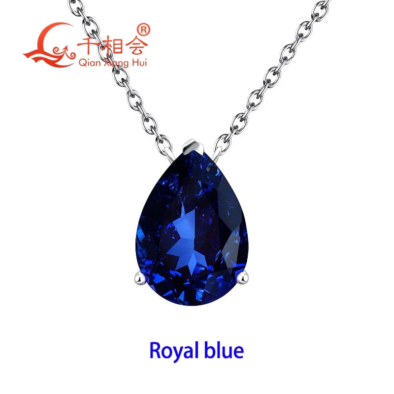 925 Silver Pear Shape 7ct 10x14mm Royal Blue/Cornflower Blue Lab Grown Created Sapphire Inclusions Stone Jewelry Pendant Necklac