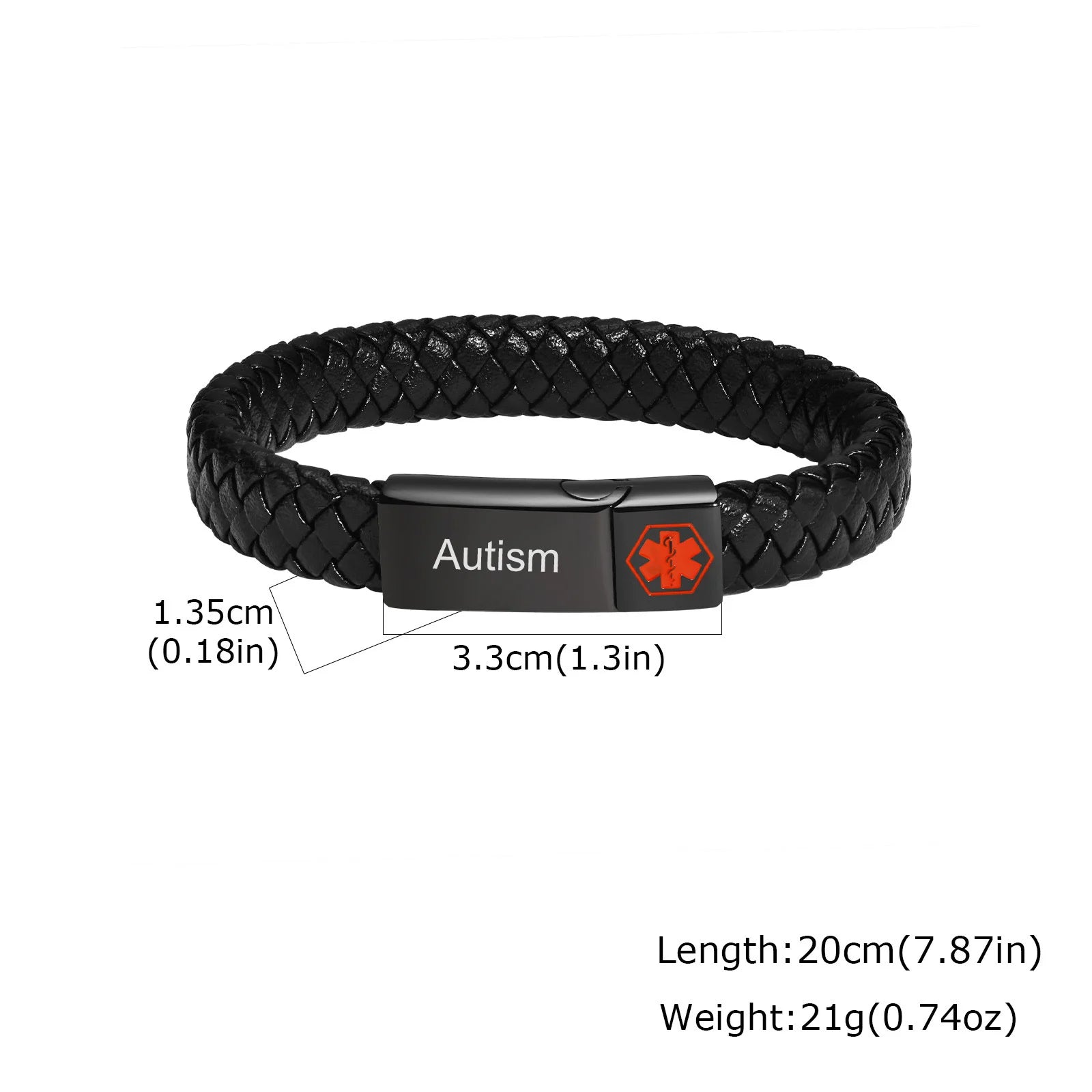 Red Medical Men's Bracelet,Black Genuine Leather ID Bracelet,Type 1/2 Diabetes Alzheimer Epilepsy Customize Bracelet for Dad