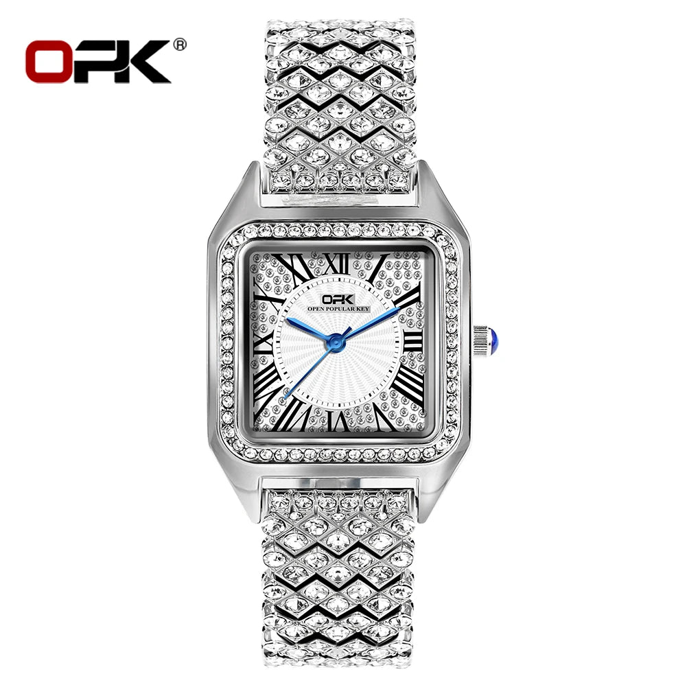 OPK Brand Full Diamond Waterproof Roman Scale Steel Belt Ladies Quartz Watch 8619