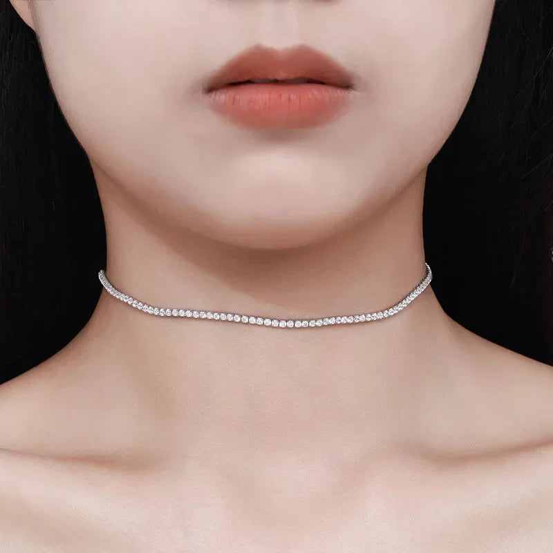 EWYA Full 2mm 0.03CT D Color Moissanite Tennis Necklace for Women Lady S925 Silver Plated 18K Gold Neck Chain Choker Necklaces