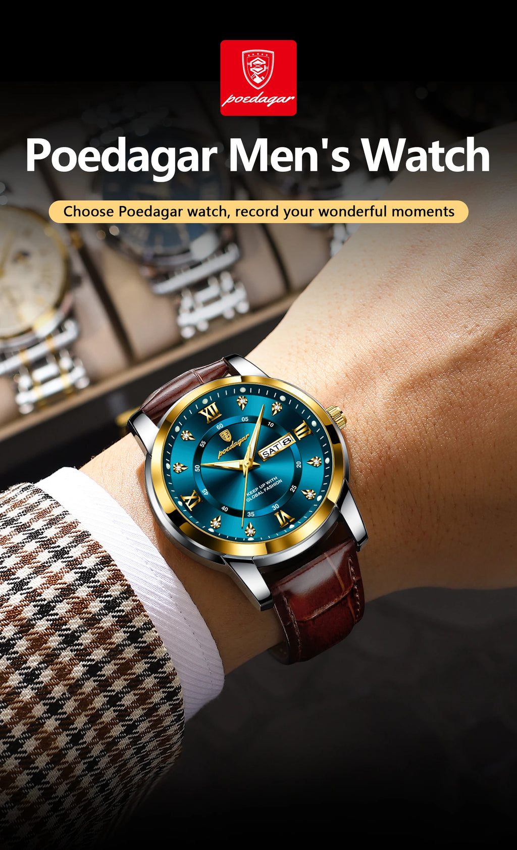 POEDAGAR Top Luxury Man Watch Date Week Waterproof Luminous Leather Men Wristwatch Casual Male Clock Sports Men's Quartz Watches