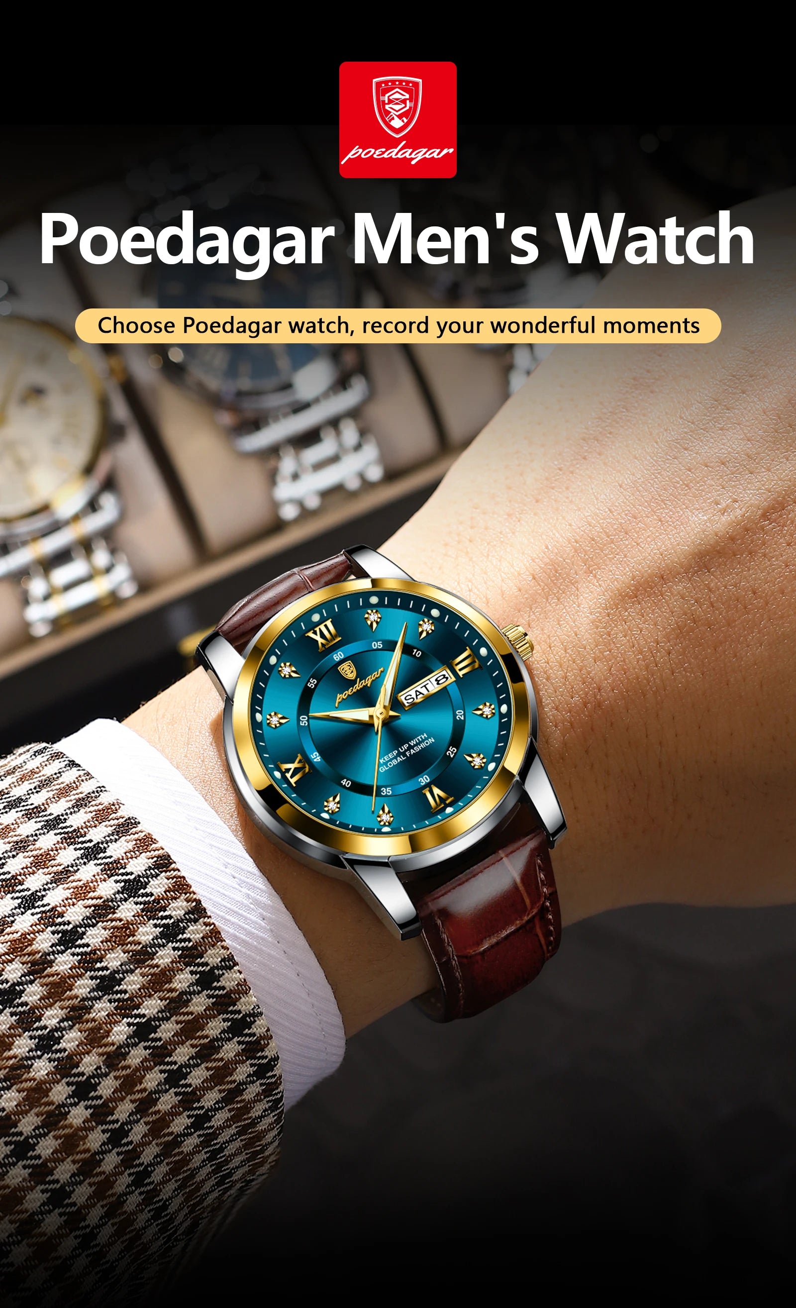 POEDAGAR Top Luxury Man Watch Date Week Waterproof Luminous Leather Men Wristwatch Casual Male Clock Sports Men's Quartz Watches