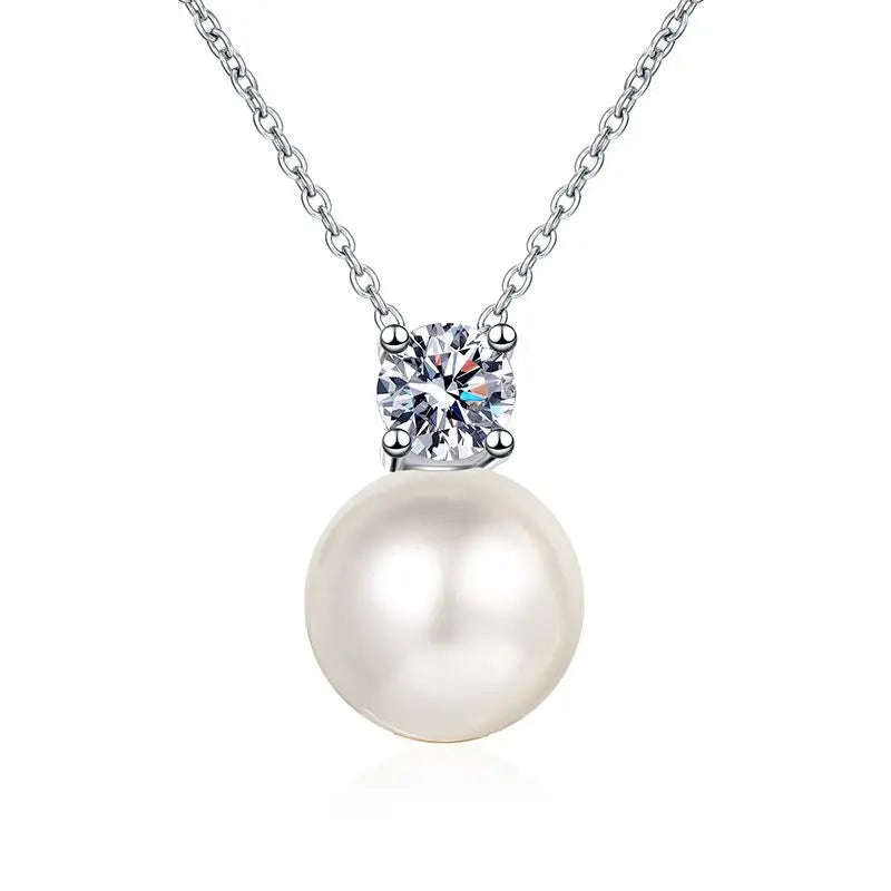 925 Sterling Silver Pearl Pendant Necklace D VVS1 Moissanite Crown Setting Pearl Charm Necklace For Women