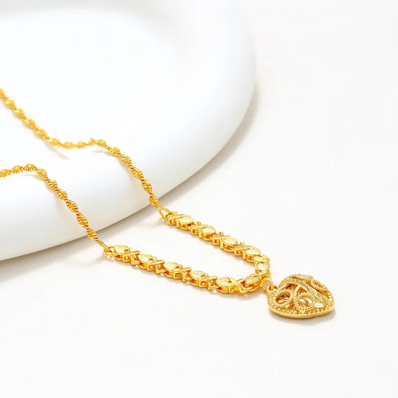 Fashion 24K real gold Heart pendant water wave chain collar senior sense 999 gold vintage quality exquisite love necklace women