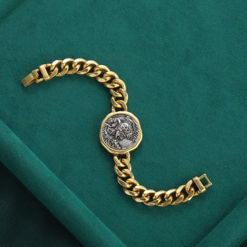 Vintage Gold Color Chain Bracelet For Jewelry Making Copper Beauty Portrait Ancient Round Coin Wide Women Wrist Accessories