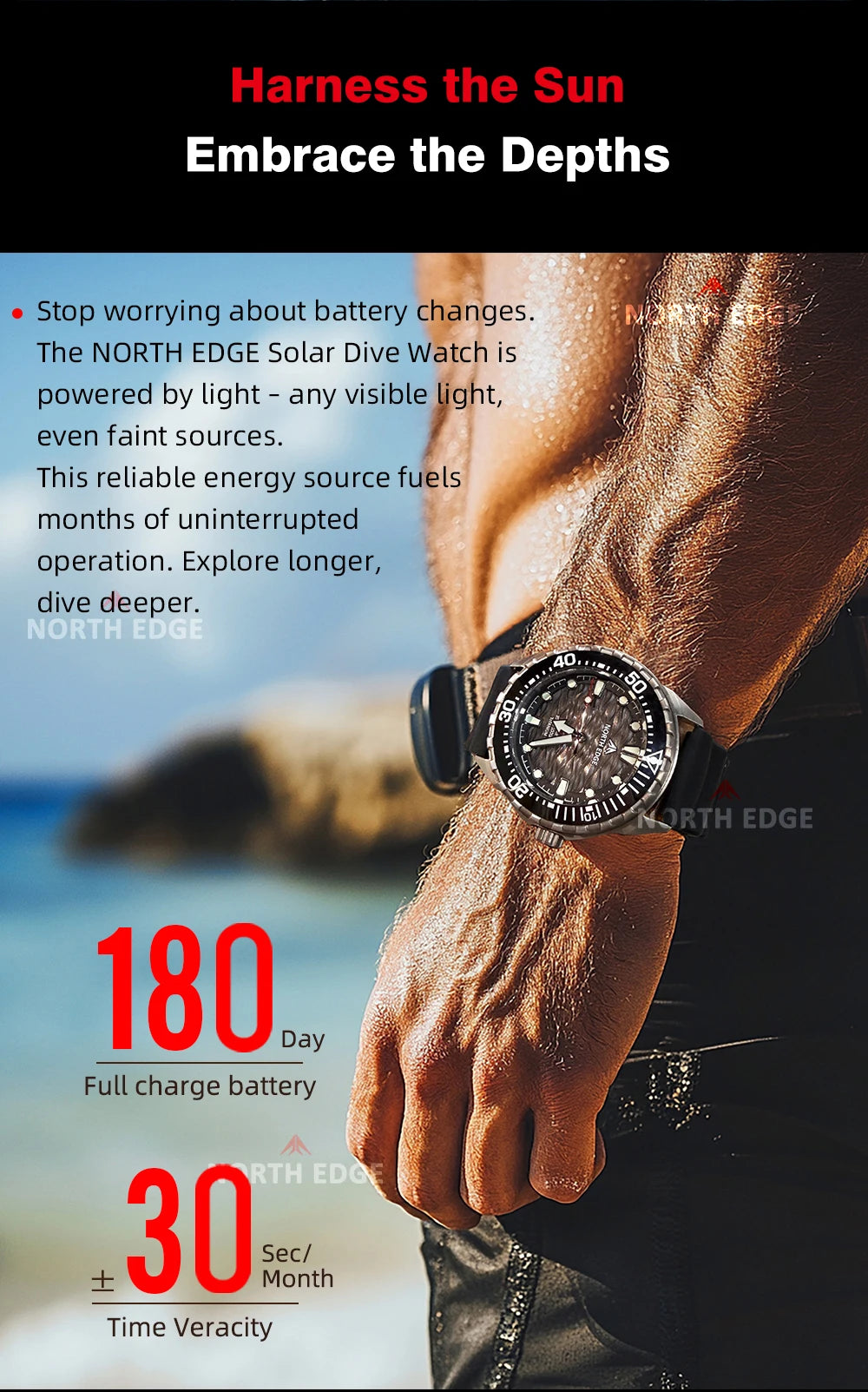 NORTH EDGE TRITON-TI Titanium Solar-Powered Diving Watch High Quality Quartz Watches for Man NEW 300M Waterproof Men Watch Reloj