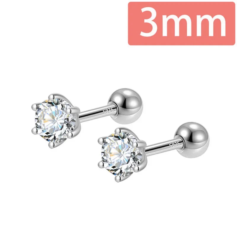 Trustdavis Real 925 Silver Fashion Gold Six Claw 3/4/5mm CZ Screw Stud Earrings for Women Daily Wear Fine Jewelry Gift DA2712