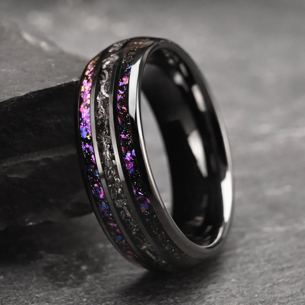 8mm Black Tungsten Carbide Ring Men's Wedding Bands, Inlaid With Meteorite Amethyst Fashion Jewelry Engagement & Wedding Ring