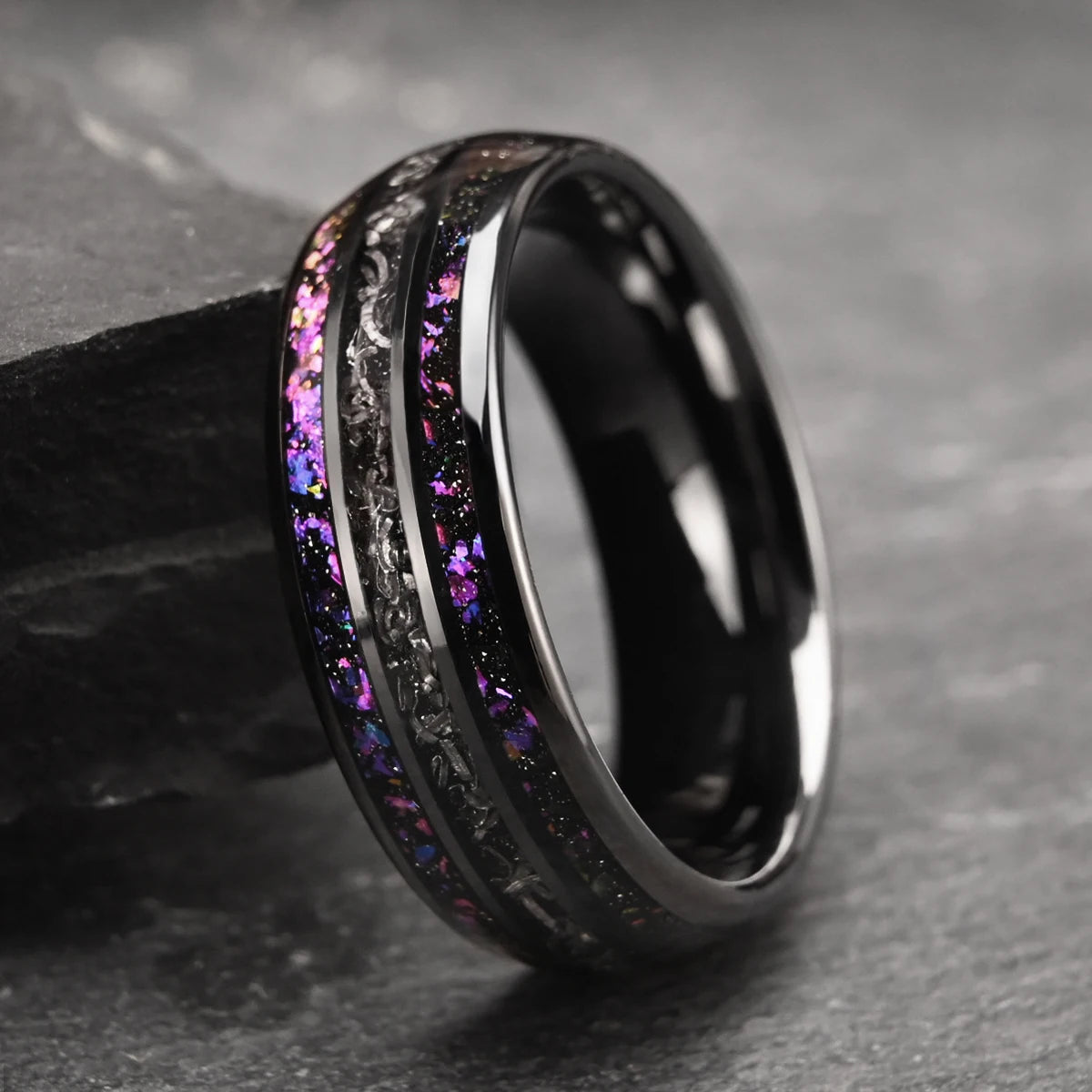 8mm Black Tungsten Carbide Ring Men's Wedding Bands, Inlaid With Meteorite Amethyst Fashion Jewelry Engagement & Wedding Ring