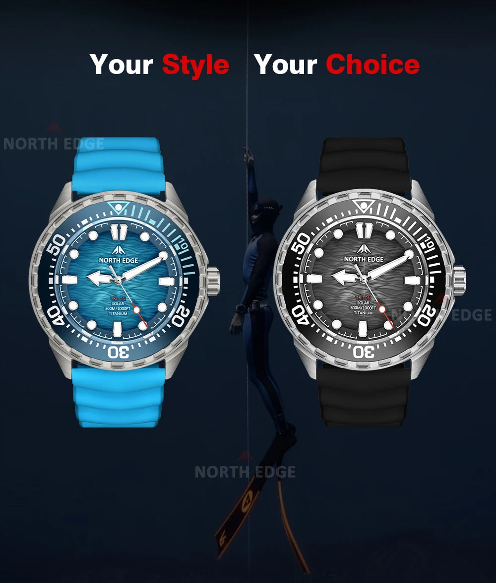 NORTH EDGE TRITON-TI Titanium Solar-Powered Diving Watch High Quality Quartz Watches for Man NEW 300M Waterproof Men Watch Reloj