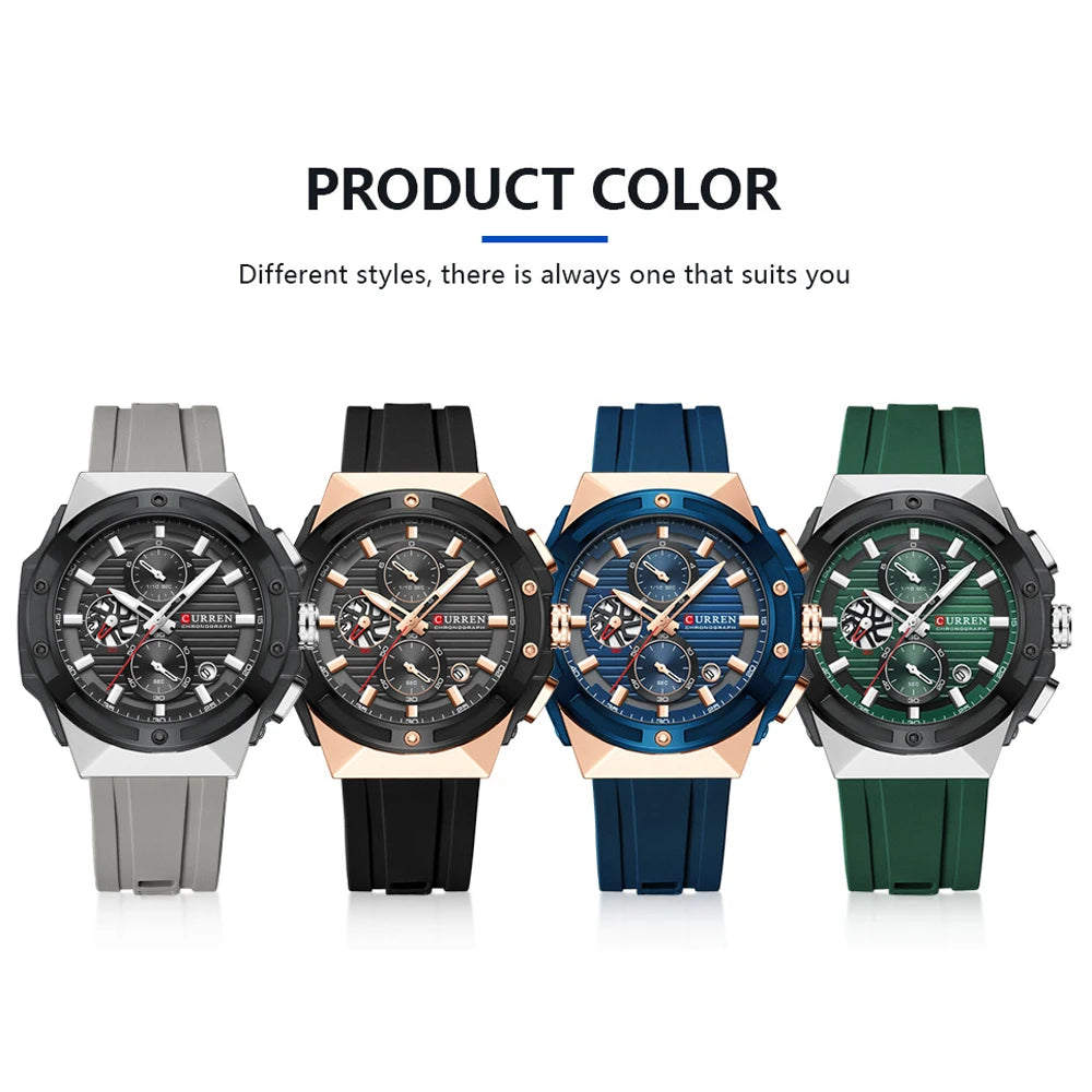 CURREN Classic Brand Men's Wristwatches Casual Business Quartz Silicone Watches with Luminous Hands Chronograph Dial