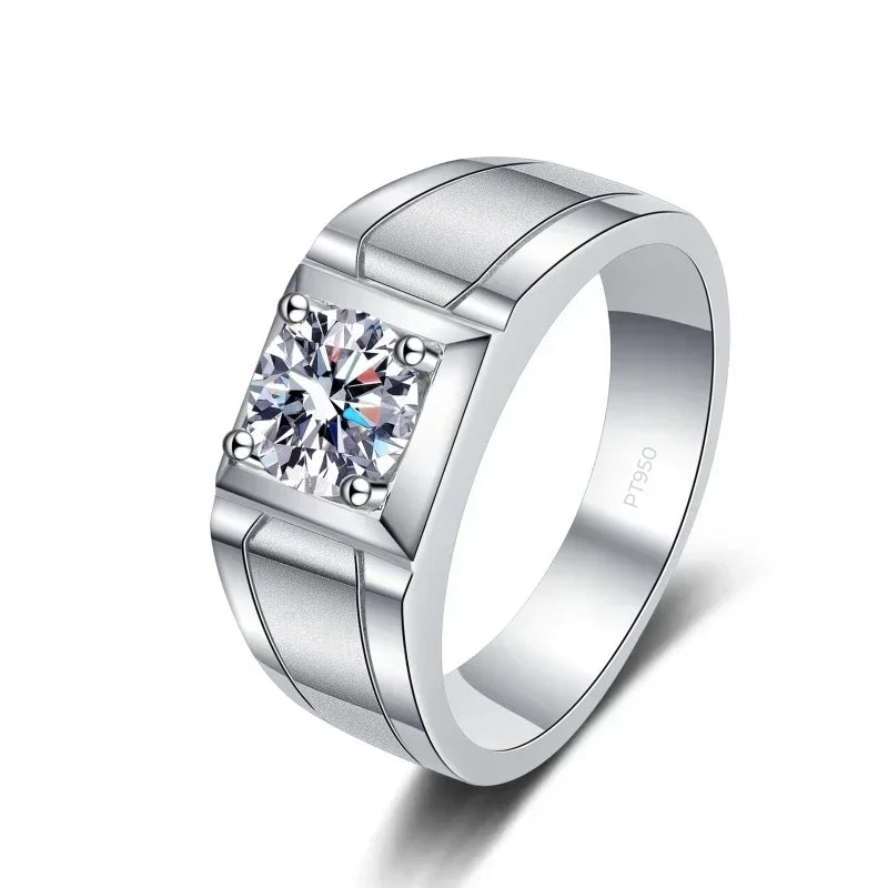 PT950 Platinum Moissanite Diamond Men Rings, 0.5/1 Carat VVS1 D Color Simple Wire Drawing Rings Luxury Gift for Boyfriend