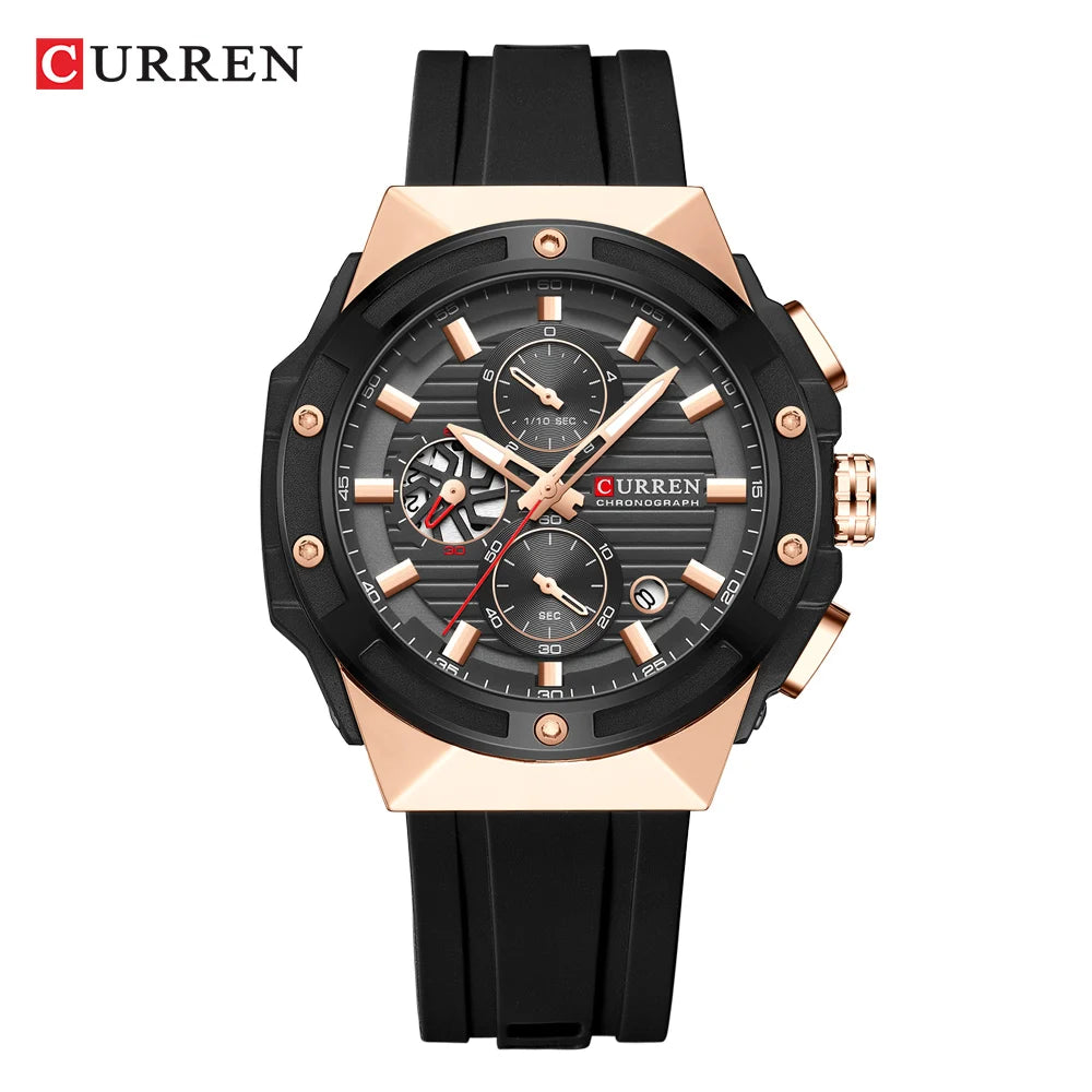 CURREN Classic Brand Men's Wristwatches Casual Business Quartz Silicone Watches with Luminous Hands Chronograph Dial