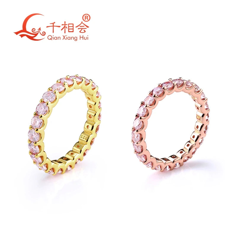 3mm 0.1ct Pink Color Round Moissanite Full Eternity Ring Band Yellow / Rose Gold Plated S925 Silver Diamond Engagement Jewelry