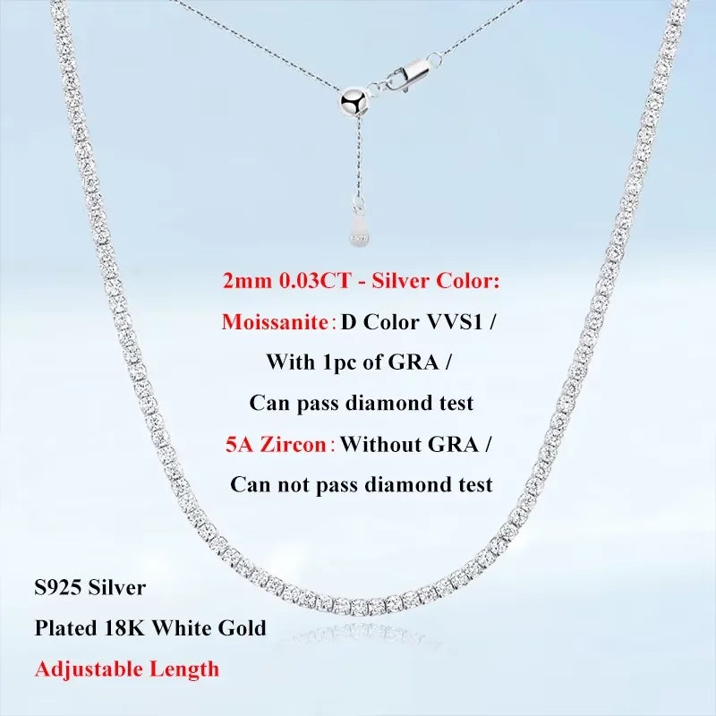 EWYA Full 2mm 0.03CT D Color Moissanite Tennis Necklace for Women Lady S925 Silver Plated 18K Gold Neck Chain Choker Necklaces