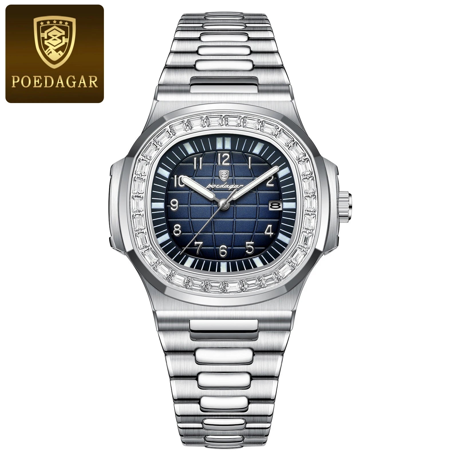 POEDAGAR Luxury Square Watches for Men Waterproof Luminous Date Man Wristwatch Stainless Steel Fashion Men's Quartz Watch Reloj
