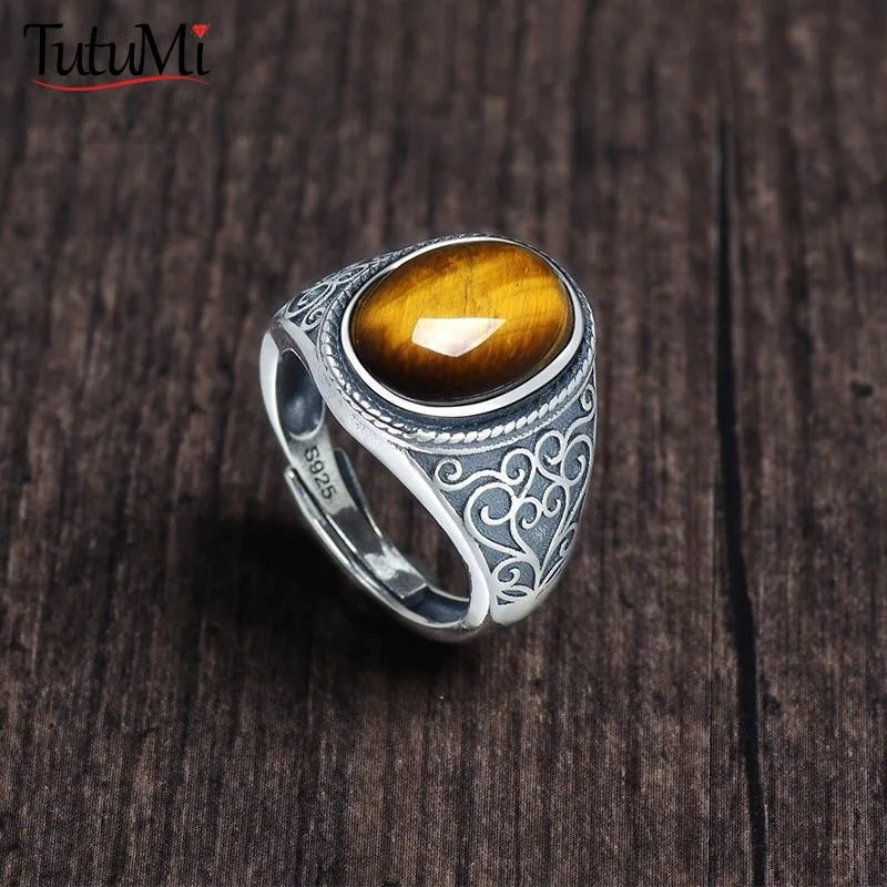 925 Sterling Silver Vintage Natural Tiger's Eye Stone 10*14MM Retro Style Large Stone Finger Rings Fine Jewelry For Men