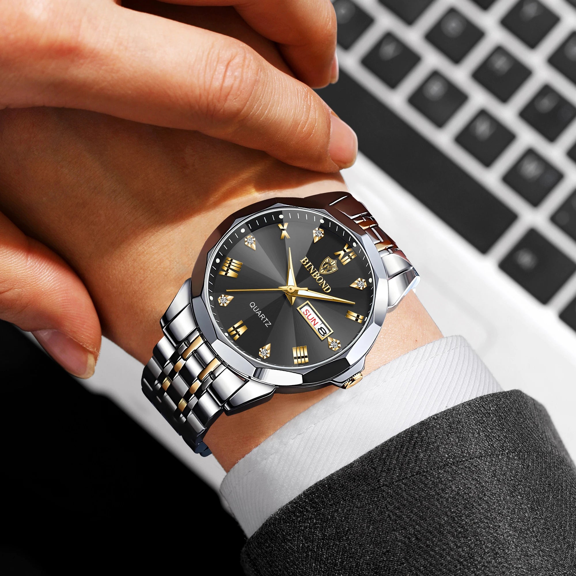 BINBOND Taper Glass Luxury Quartz Wristwatches For Men Luminous Waterproof Precise Durable men's Watch Stainless Steel Reloj