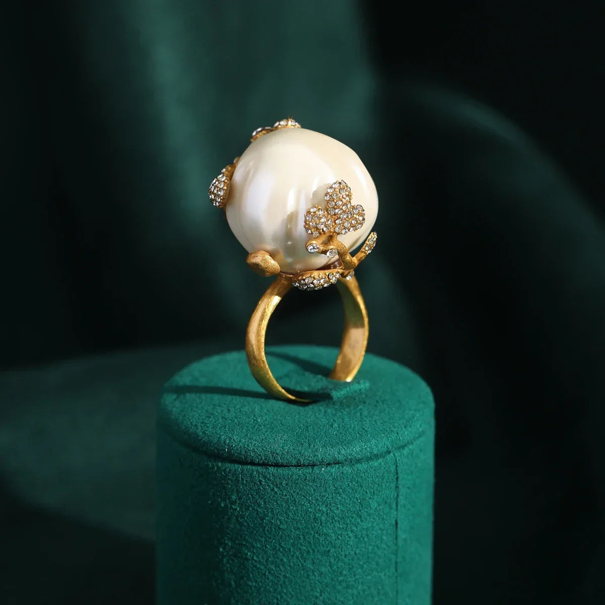 Vintage Bridal Baroque Freshwater Pearl Rings For Woman Adjustable Rhinestones Gold Color Brass Open Jewelry Accessories Wedding
