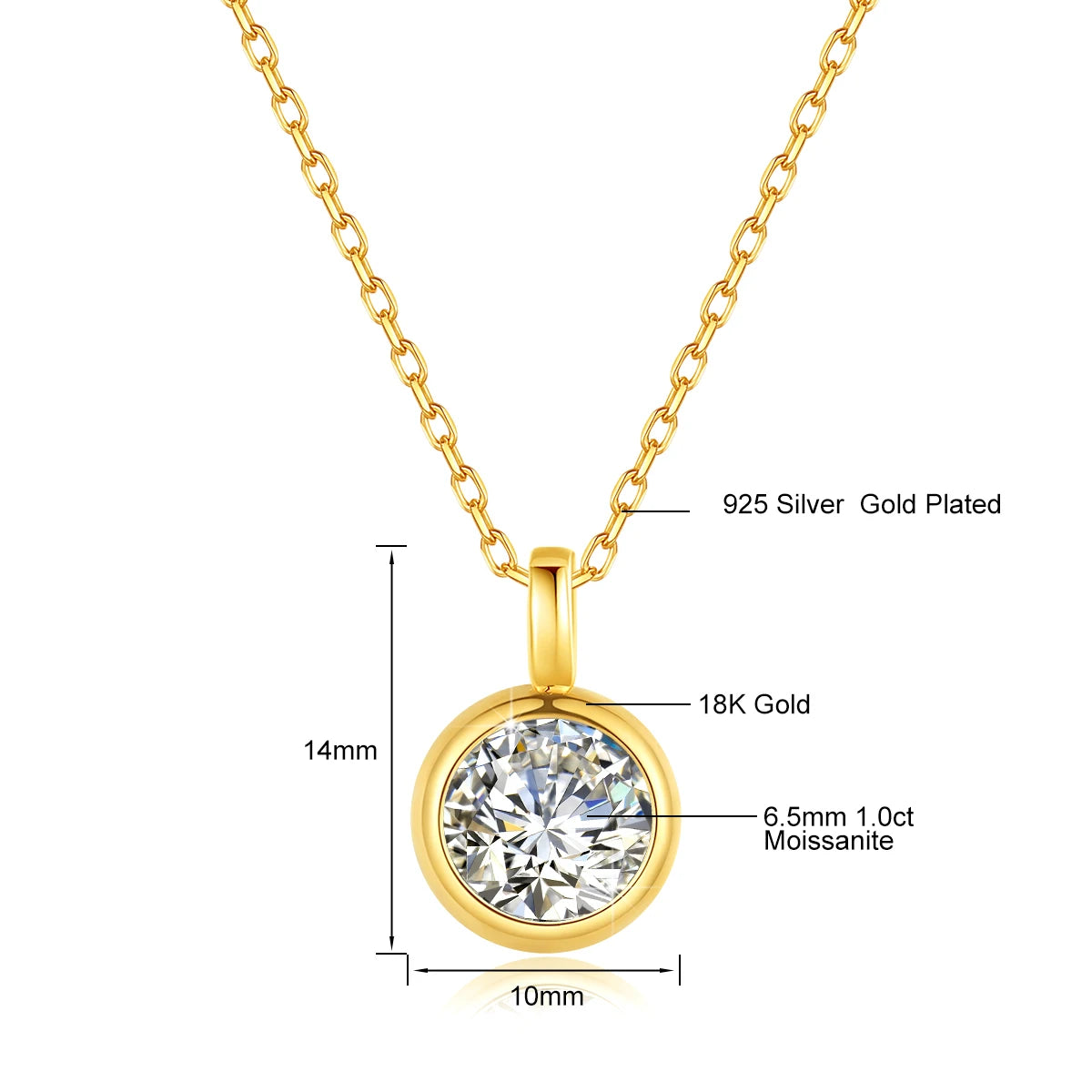 Genuine 18K Gold Moissanite Necklace 1CT AU750 Pendant Classic for Women Anniversary Party Gift Daily Wear Trendy Jewelry