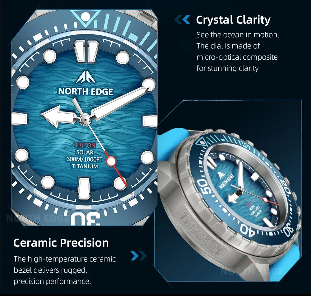NORTH EDGE TRITON-TI Titanium Solar-Powered Diving Watch High Quality Quartz Watches for Man NEW 300M Waterproof Men Watch Reloj