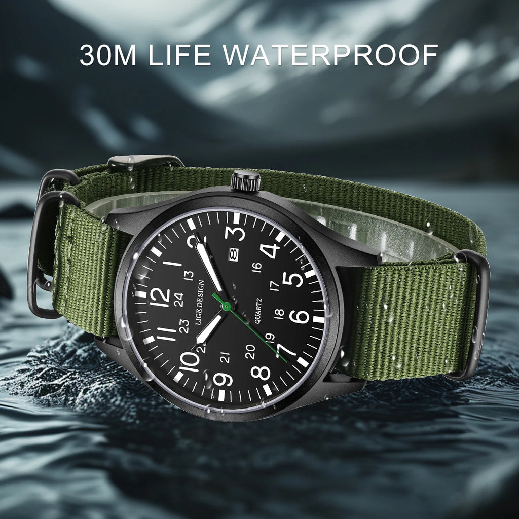 LIGE Top Brand Luxury Men Quartz Watch Date Nylon Leather Waterproof Luminous Military Sports Watches For Men relogios masculino