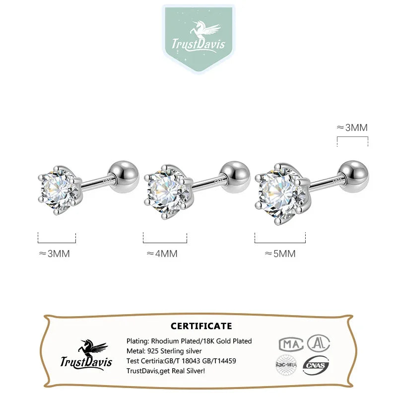 Trustdavis Real 925 Silver Fashion Gold Six Claw 3/4/5mm CZ Screw Stud Earrings for Women Daily Wear Fine Jewelry Gift DA2712