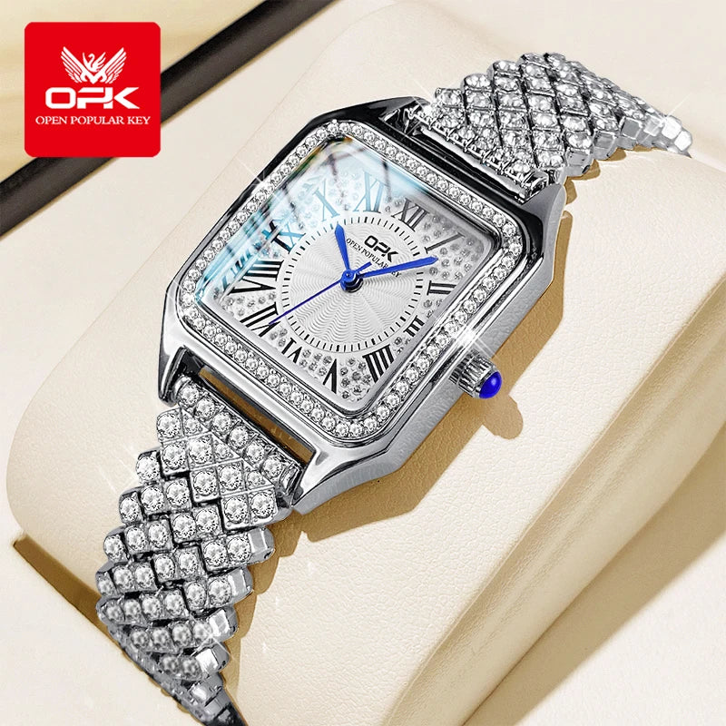 OPK Brand Full Diamond Waterproof Roman Scale Steel Belt Ladies Quartz Watch 8619