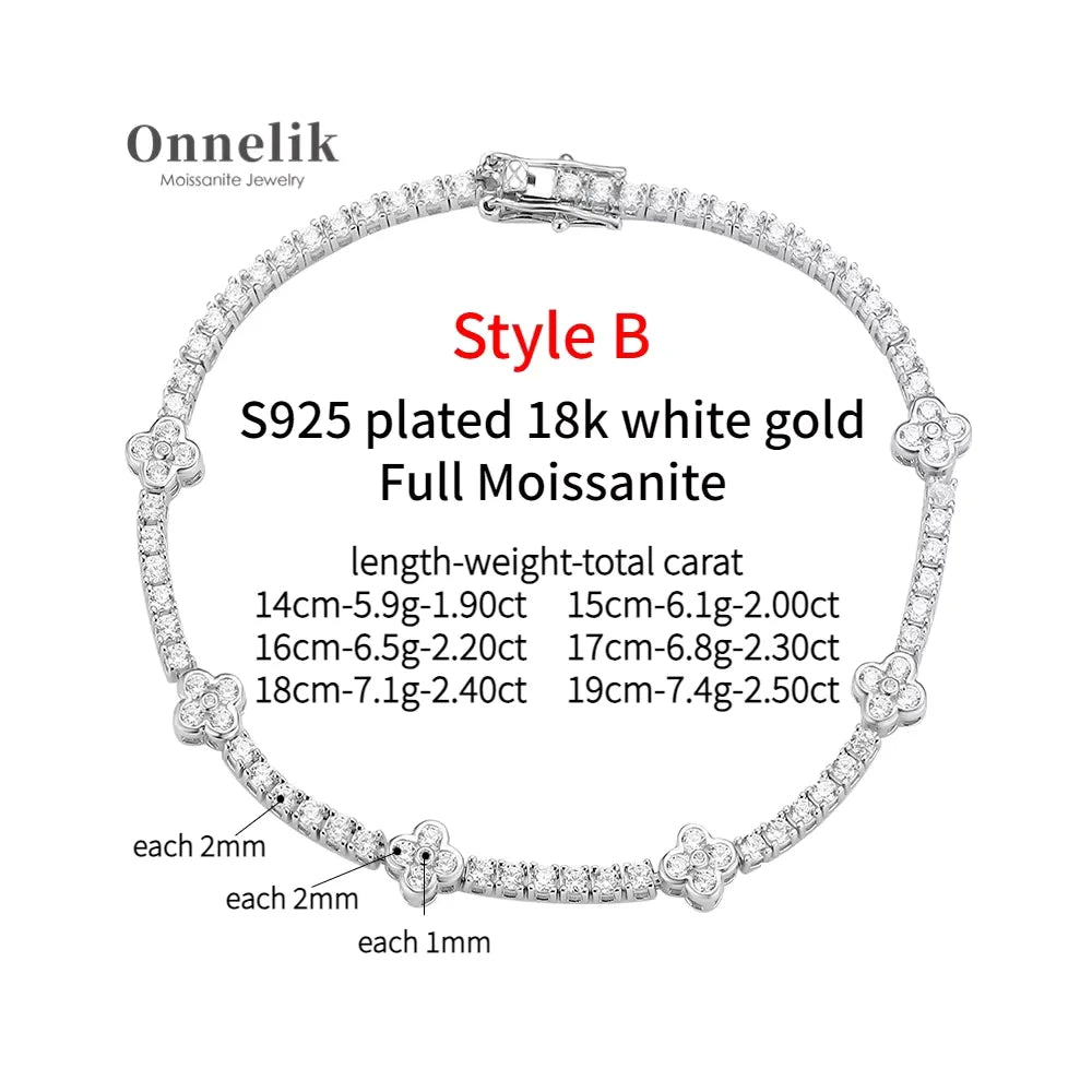 Onnelik Full 3mm Tennis Moissanite Bracelet for Woman Sparkling Diamond S925 Sterling Sliver Party Wedding Bangles Jewelry