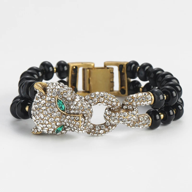 Vintage Leopard Black Beaded Bracelets For Women Natural Stones Rhinestone Luxury Jewelry Designers Bangle Girlfriend Gift 2025