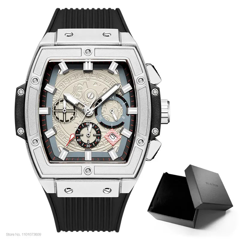MEGIR & RUIMAS Watches for Men Fashion Military Sport Tonneau Chronograph Quartz Wristwatch with Date 24-hour 3atm Waterproof