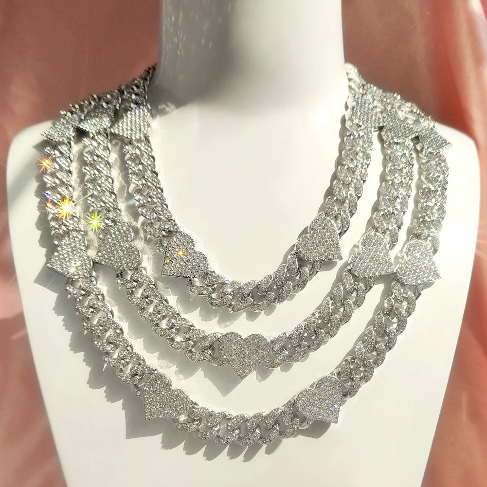 Heart Cuban Chain Necklace for Women, Gold Silver Color Iced Out Rhinestone Choker, 16/18/20 Inch Link Chain Jewelry