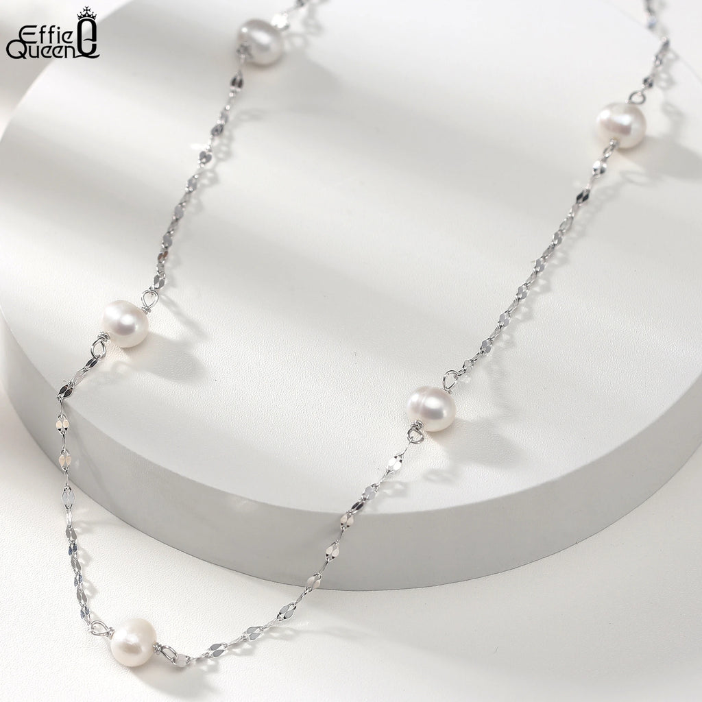 EFFIE QUEEN 925 Sterling Silver Fashion Simple Lip Chain Natural Pearl Necklace for Women Elegant Pearl Clavicle Jewelry GPN35