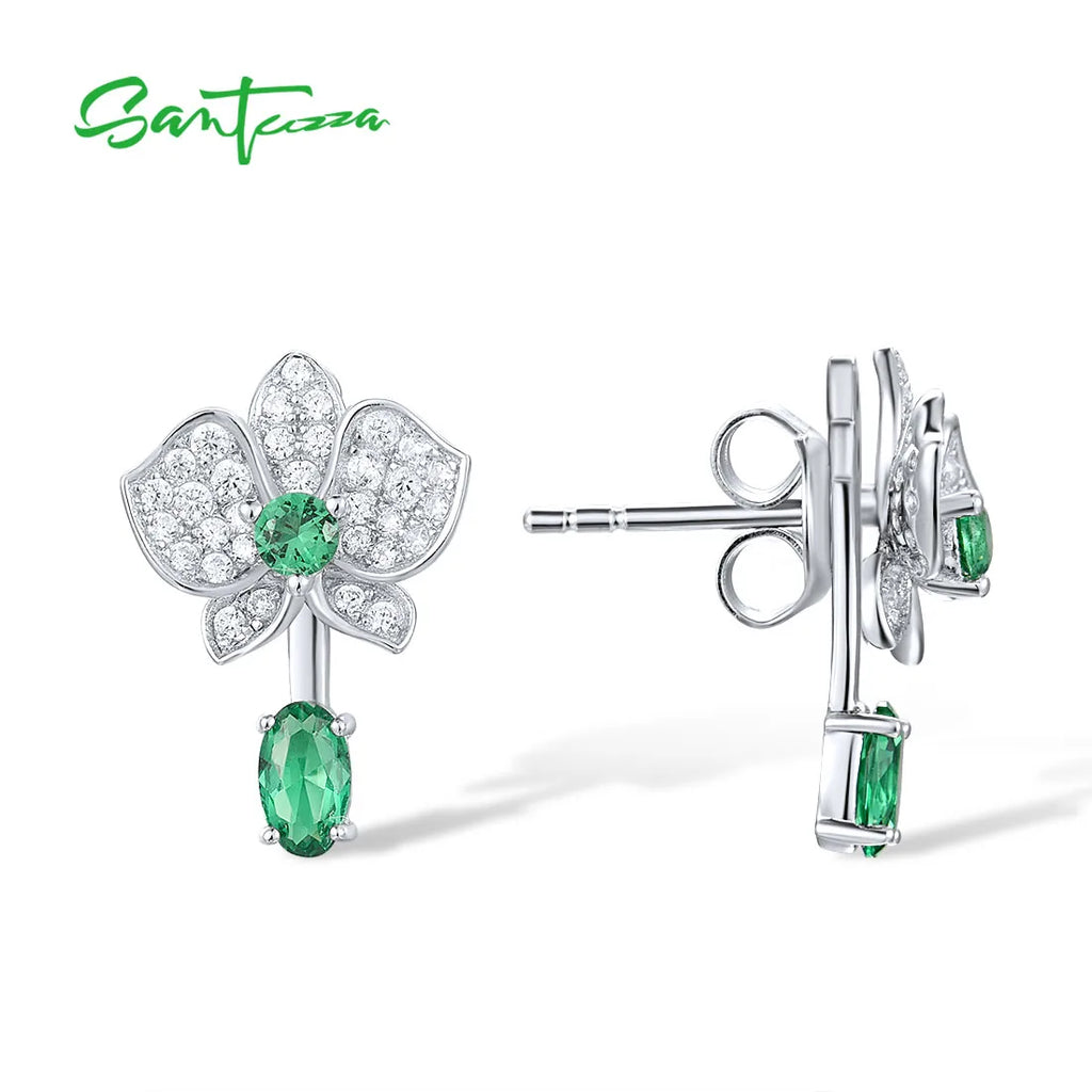 SANTUZZA Real 925 Sterling Silver Stud Earrings For Women Sparkling White CZ Green Spinel Flower Dangling Delicate Fine Jewelry