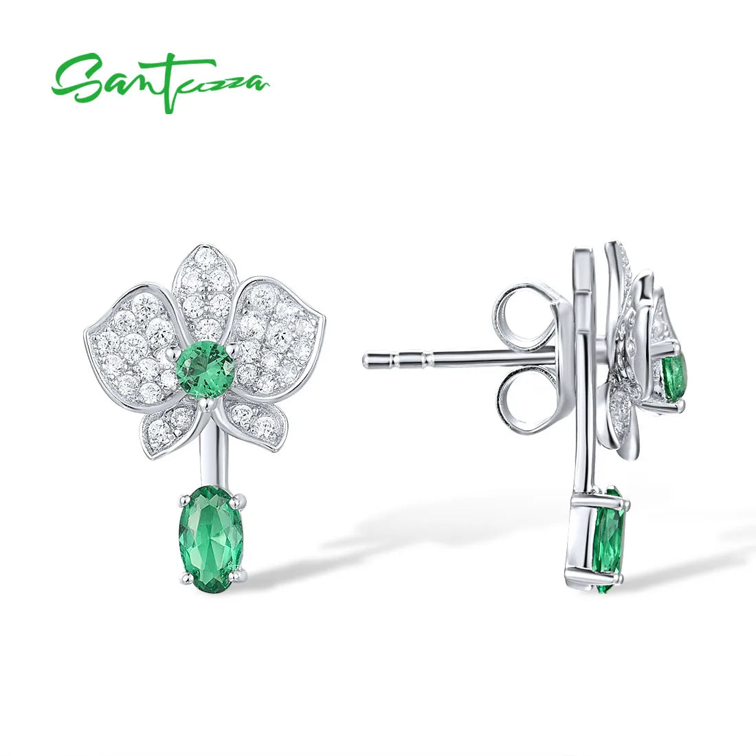 SANTUZZA Real 925 Sterling Silver Stud Earrings For Women Sparkling White CZ Green Spinel Flower Dangling Delicate Fine Jewelry