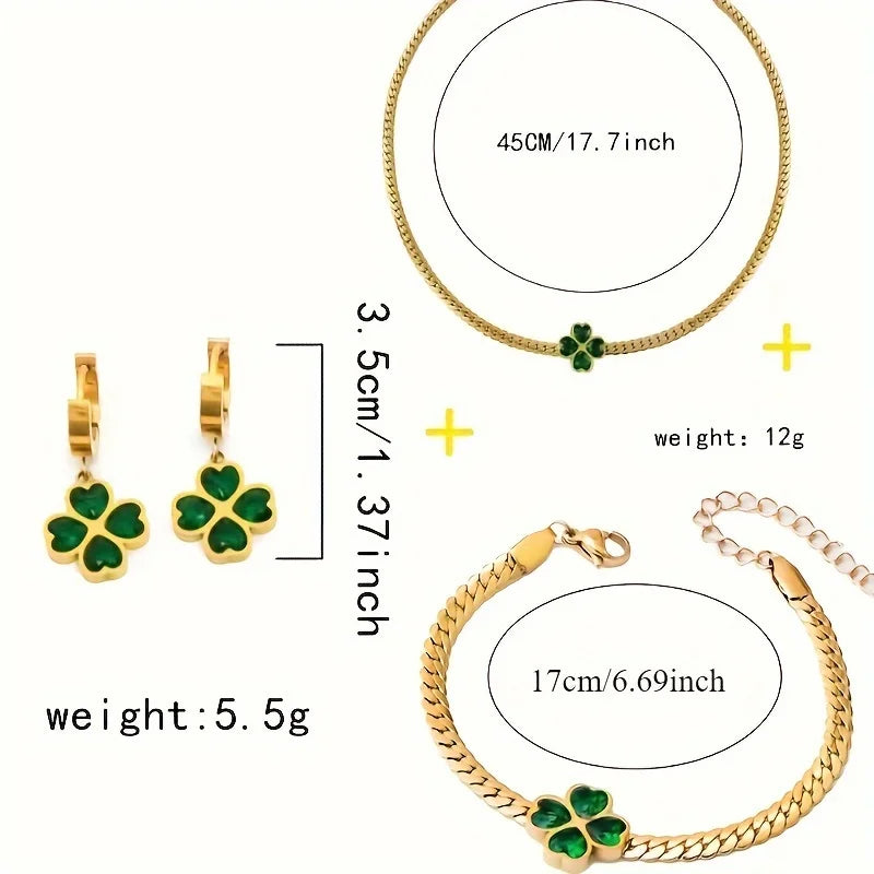 Gold Color High-end Four Leaf Clover Inlaid Zircon Necklace Bracelet Earring Set Stainless S Teel Luxury Women's Jewelry