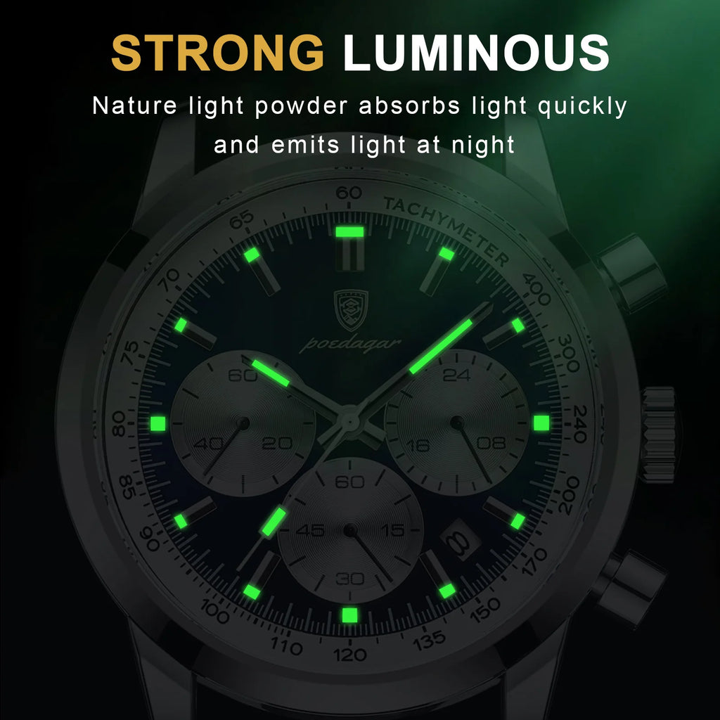 POEDAGAR Luxury Men's Quartz Wristwatch Chronograph Date Leather Man Watch Waterproof Luminous High Quality Fashion Men Watches