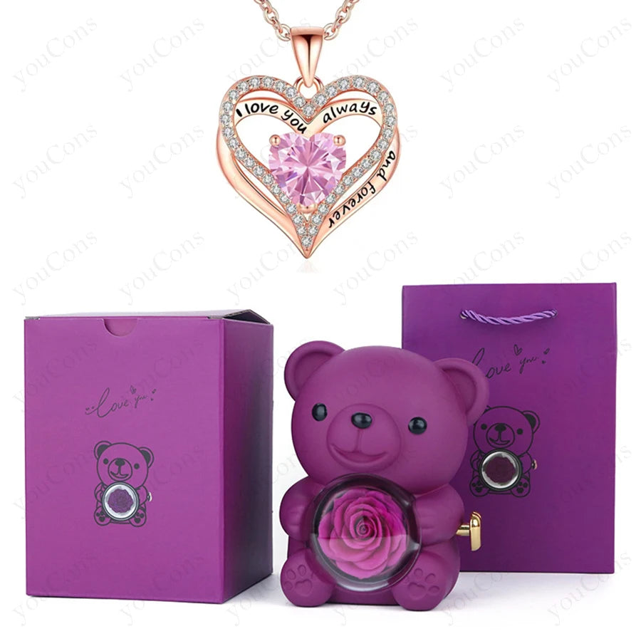 Red Heart Pendant Necklaces With Cute Bear Rose Gift Box For Women Mother Day 2026 Christmas Valentine Wedding Birthday Jewelry