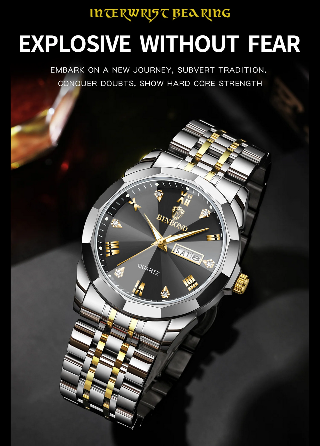 BINBOND Taper Glass Luxury Quartz Wristwatches For Men Luminous Waterproof Precise Durable men's Watch Stainless Steel Reloj