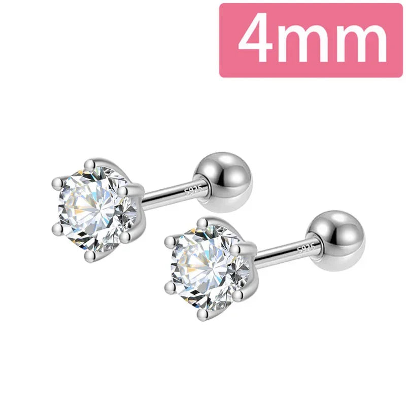 Trustdavis Real 925 Silver Fashion Gold Six Claw 3/4/5mm CZ Screw Stud Earrings for Women Daily Wear Fine Jewelry Gift DA2712
