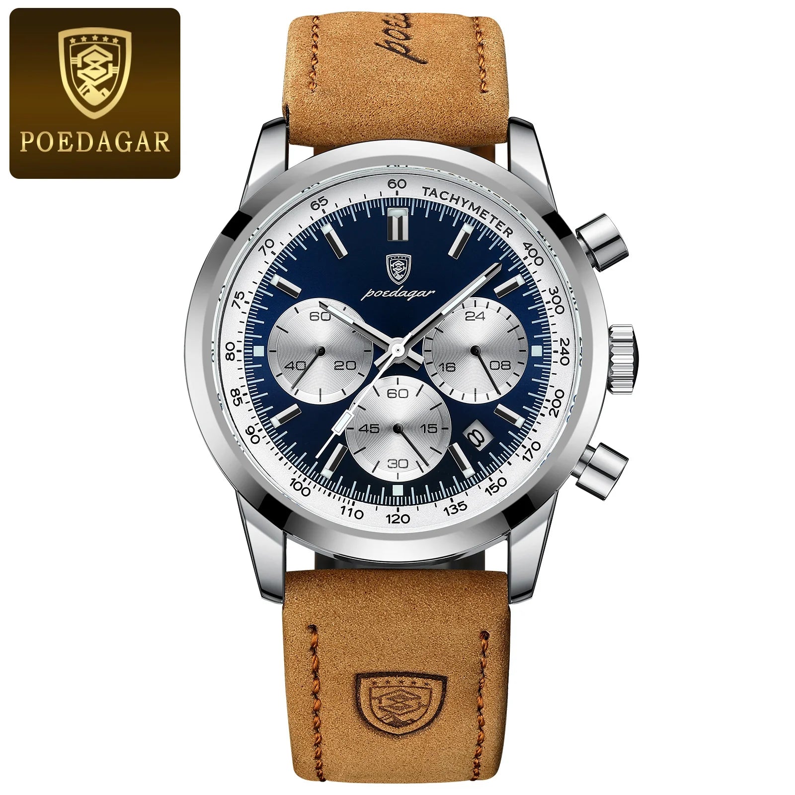 POEDAGAR Luxury Men's Quartz Wristwatch Chronograph Date Leather Man Watch Waterproof Luminous High Quality Fashion Men Watches