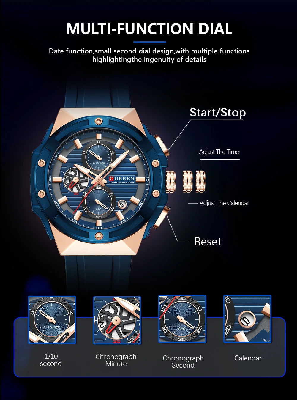 CURREN Classic Brand Men's Wristwatches Casual Business Quartz Silicone Watches with Luminous Hands Chronograph Dial
