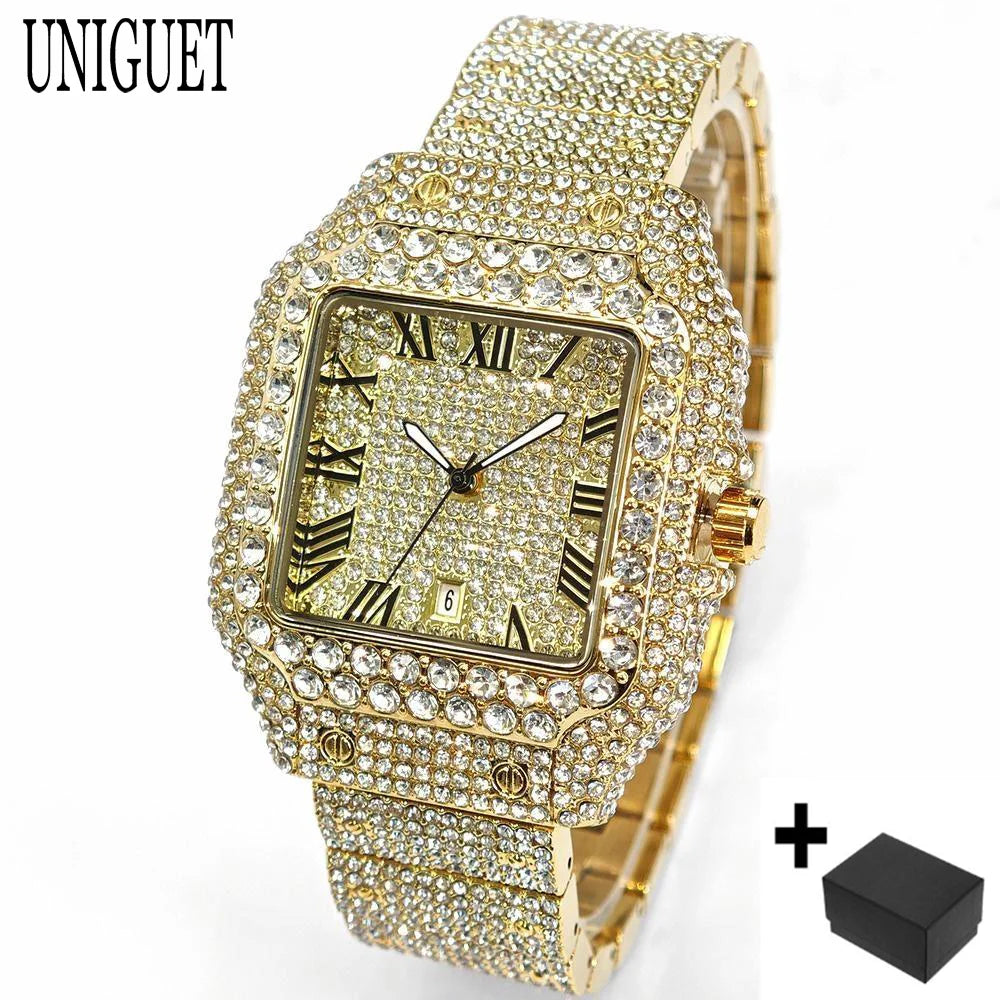 Hot Luxury Jewelry Watch For Women's UNIGUET Fashion Small Pink Dial Hip Hop Iced Diamond Quartz Wristwatch Small Size For Women