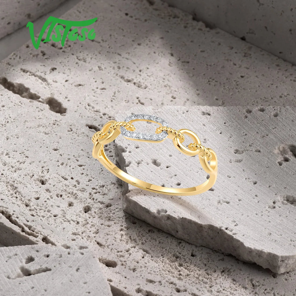 VISTOSO Pure 14K 585 Yellow Gold Ring For Women Sparkling Diamond Chain Link Stackable Concise Wedding Gift Chic Fine Jewelry