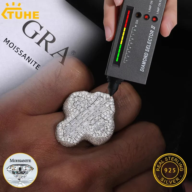 TUHE Unisex S925 Silver Rings Iced Out Baguette VVS1 Moissanite Cross Rings S925 Silver For Men Hip Hop Jewelry Men's Accessorie