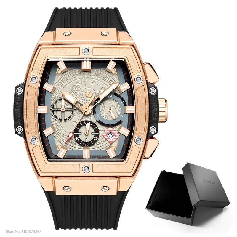 MEGIR & RUIMAS Watches for Men Fashion Military Sport Tonneau Chronograph Quartz Wristwatch with Date 24-hour 3atm Waterproof
